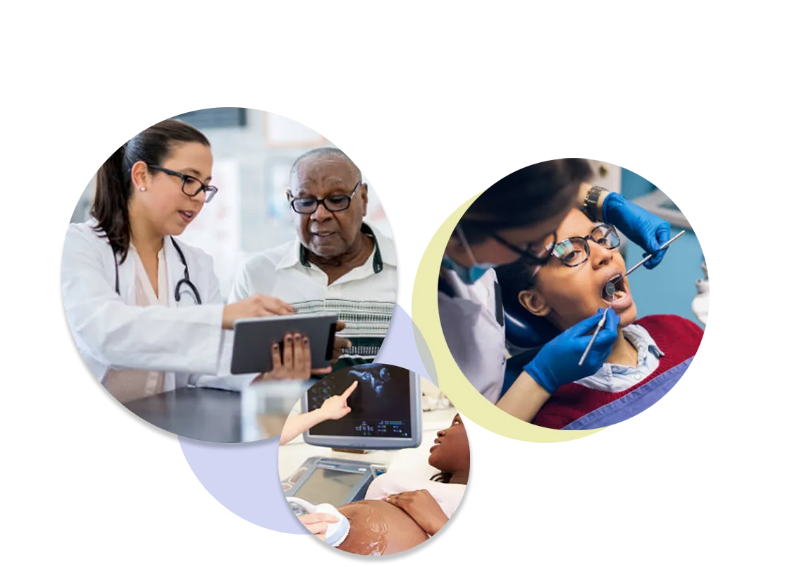 Doctor reviewing a tablet with an older patient, a dental exam, and a prenatal ultrasound