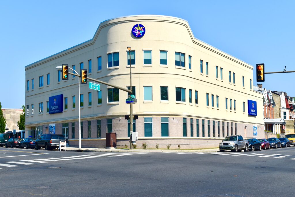 Spectrum's three-story health center building at 5201 Haverford Avenue, on a street corner