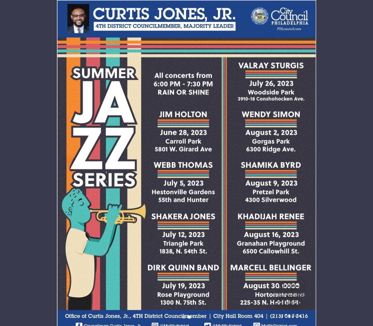 Flyer for Councilmember Curtis Jones, Jr.’s Summer Jazz Series