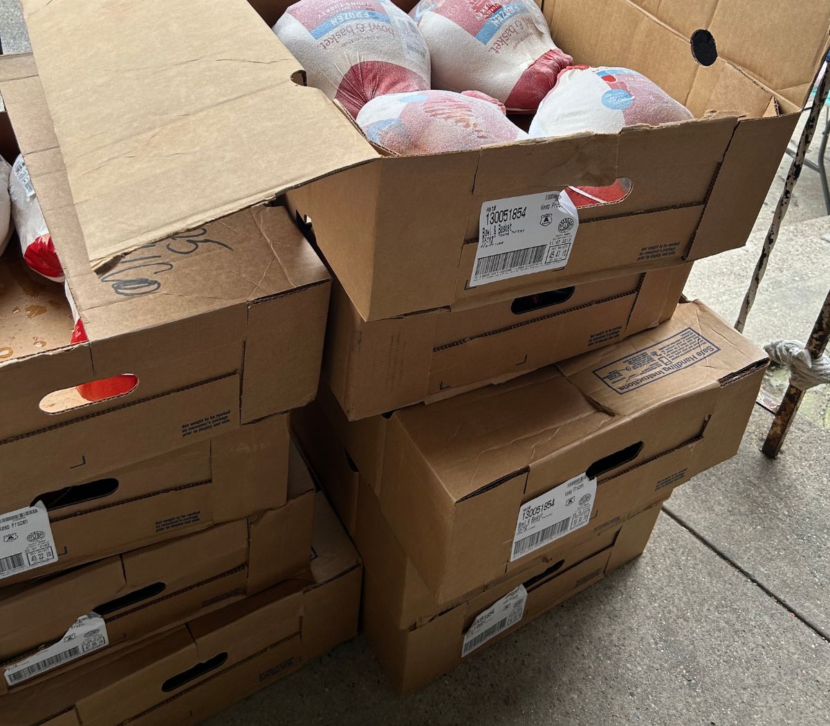 Boxes of donated turkeys stacked for the food drive