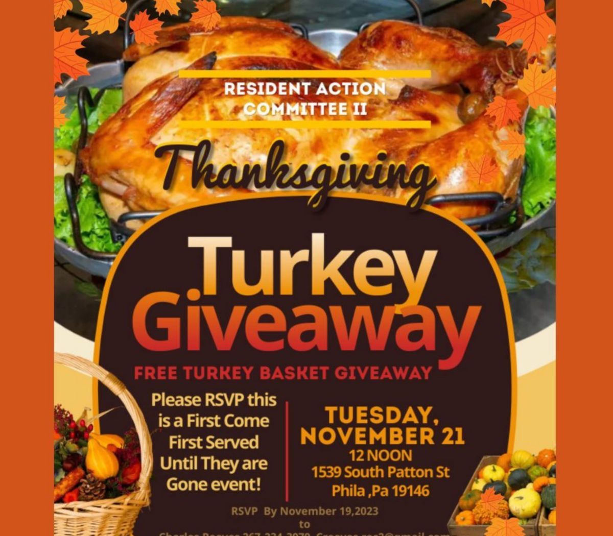 Flyer for the Resident Action Committee’s free Thanksgiving turkey basket giveaway