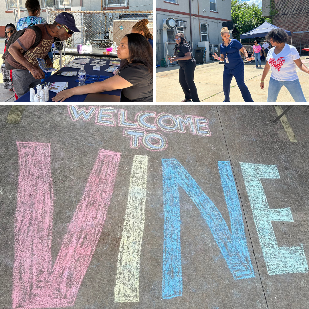 Photo collage: the health fair outside, with a chalk sign that reads Welcome to Vine