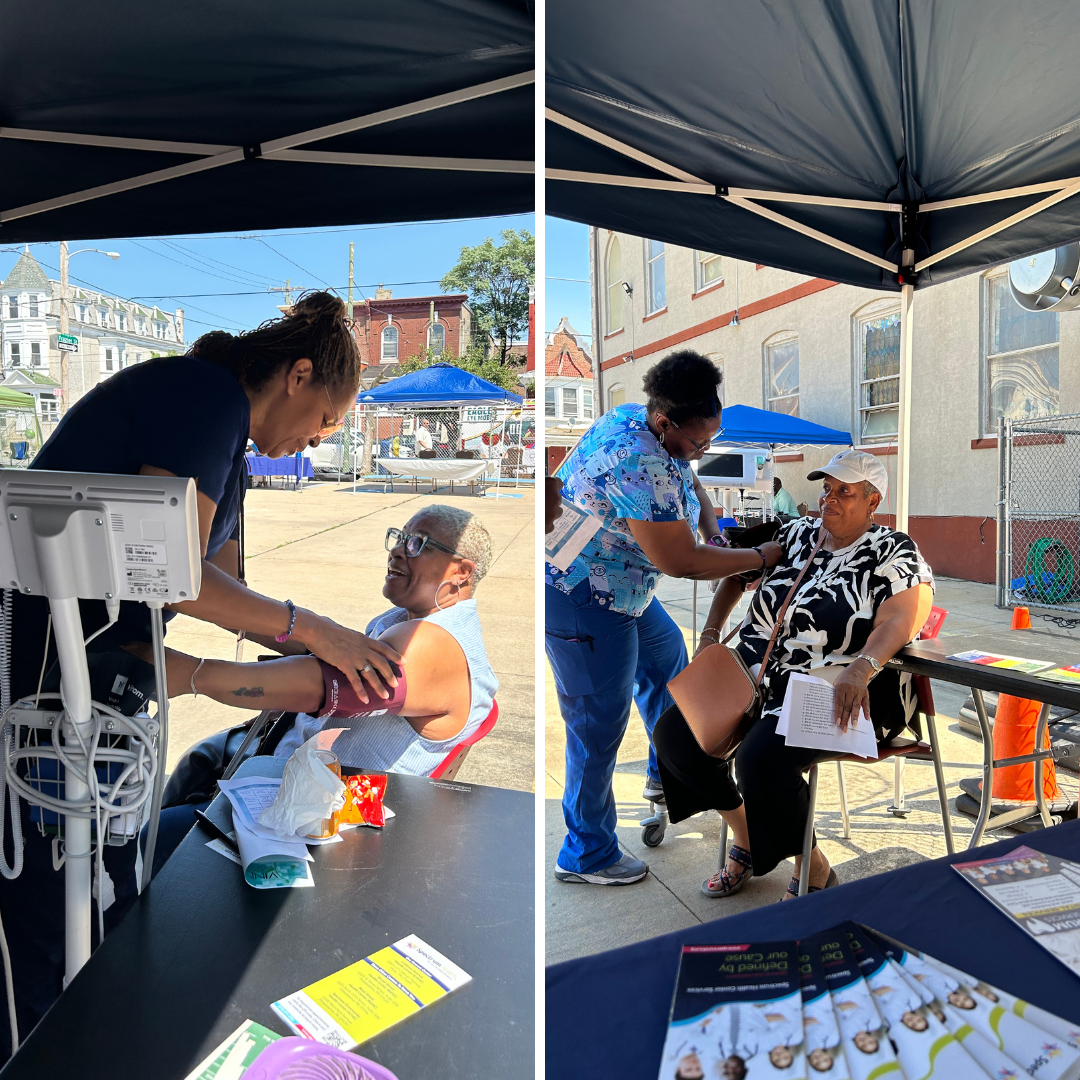 Photo collage: staff do blood pressure checks under a tent