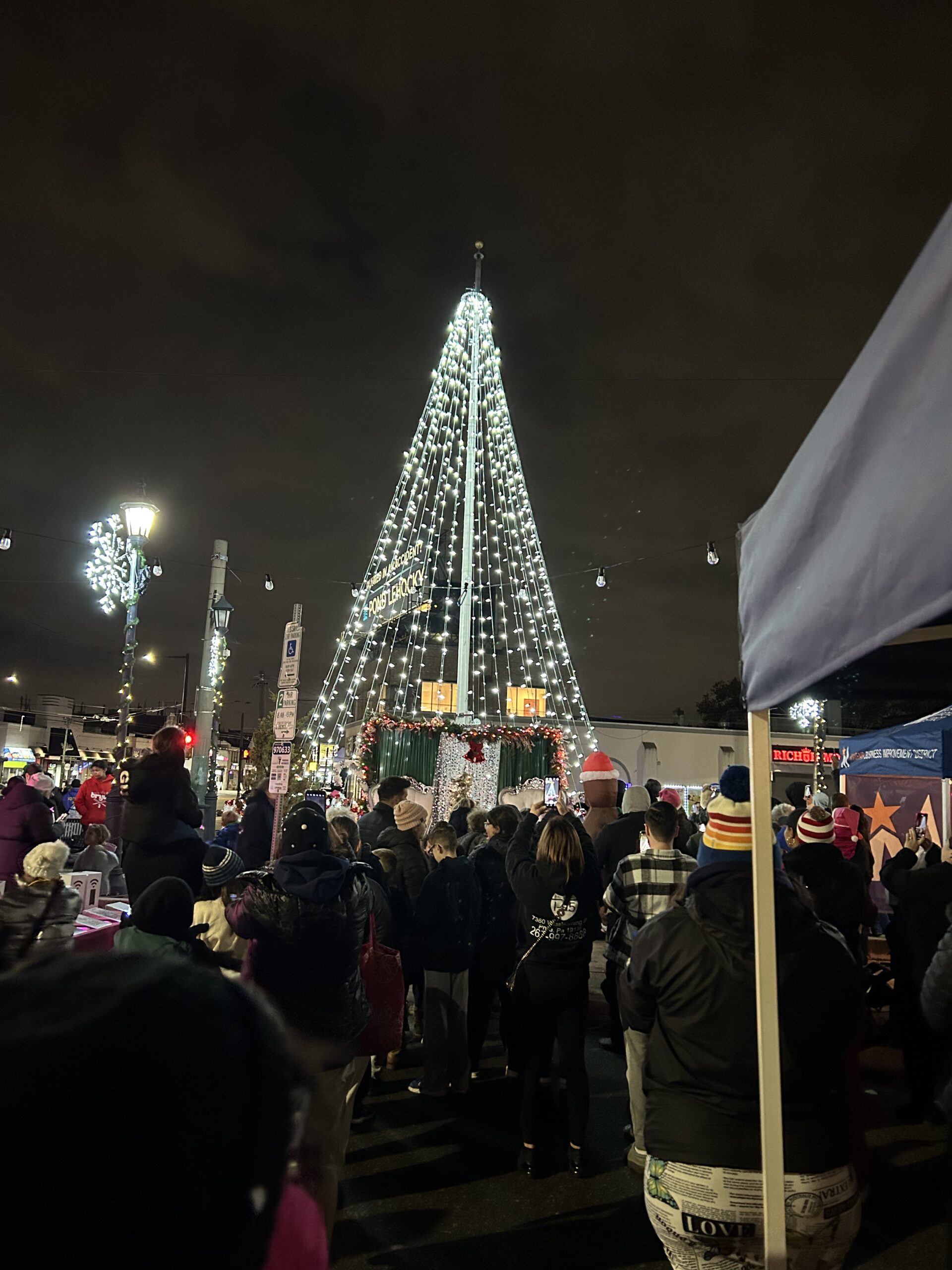 A lit Christmas tree and a crowd at night