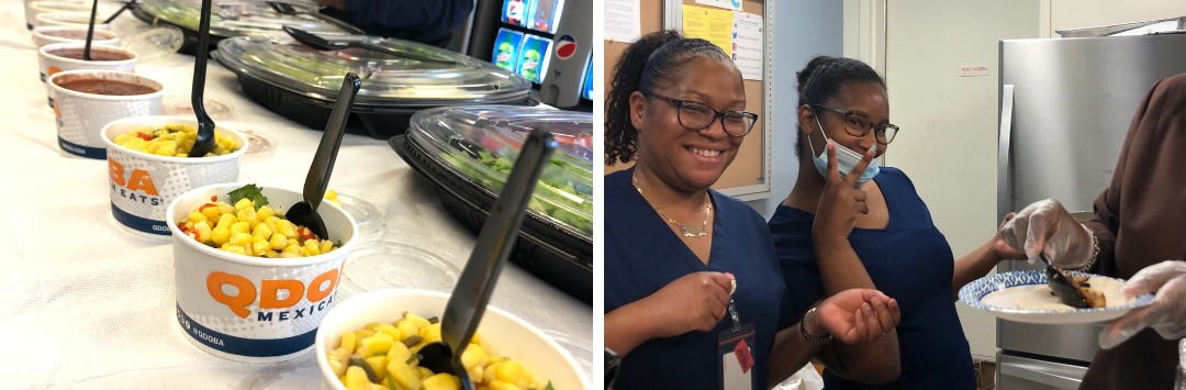 Photo collage: a taco bar and smiling Spectrum staff on Taco Tuesday
