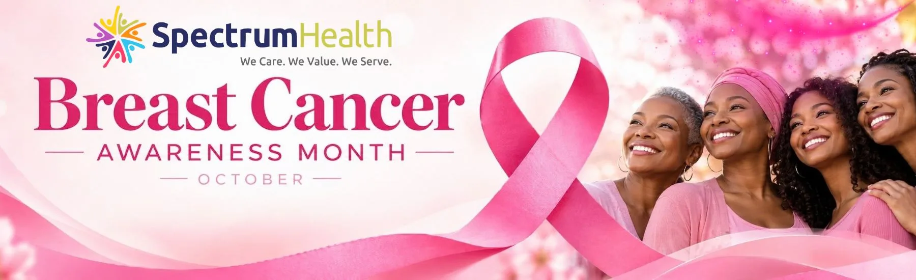 Breast Cancer Awareness Month, October: pink ribbon beside smiling women, from Spectrum Health