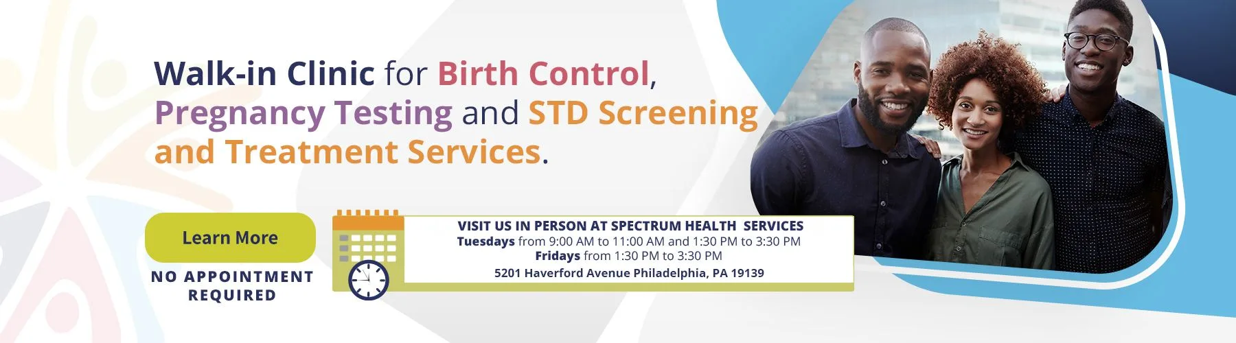 Walk-in birth control, pregnancy testing and STD screening at 5201 Haverford Ave, Philadelphia. No appointment needed.