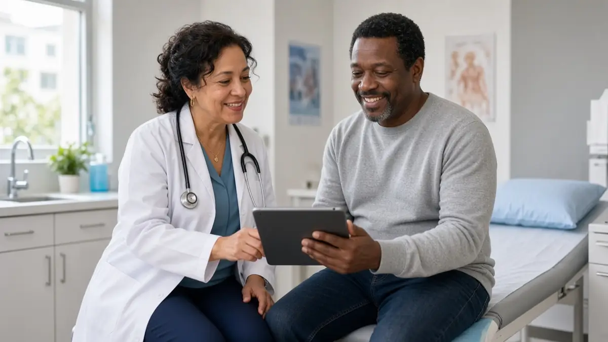 A doctor talks with an adult patient during a checkup