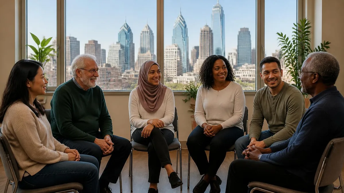A small, diverse support group talks together in a bright room