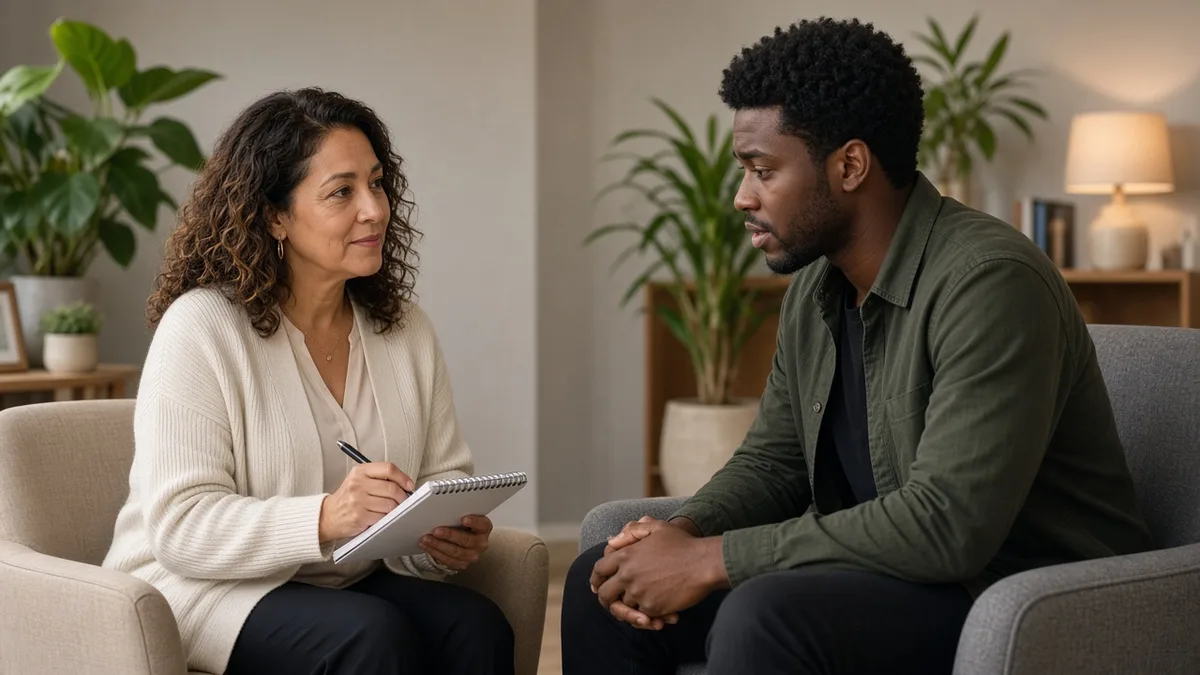 A counselor listens to a young man during a calm one-on-one talk