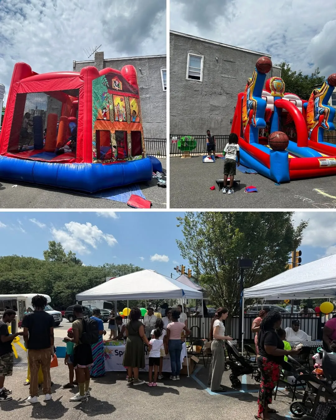 Bounce houses and a crowd of families enjoying the sunny day.