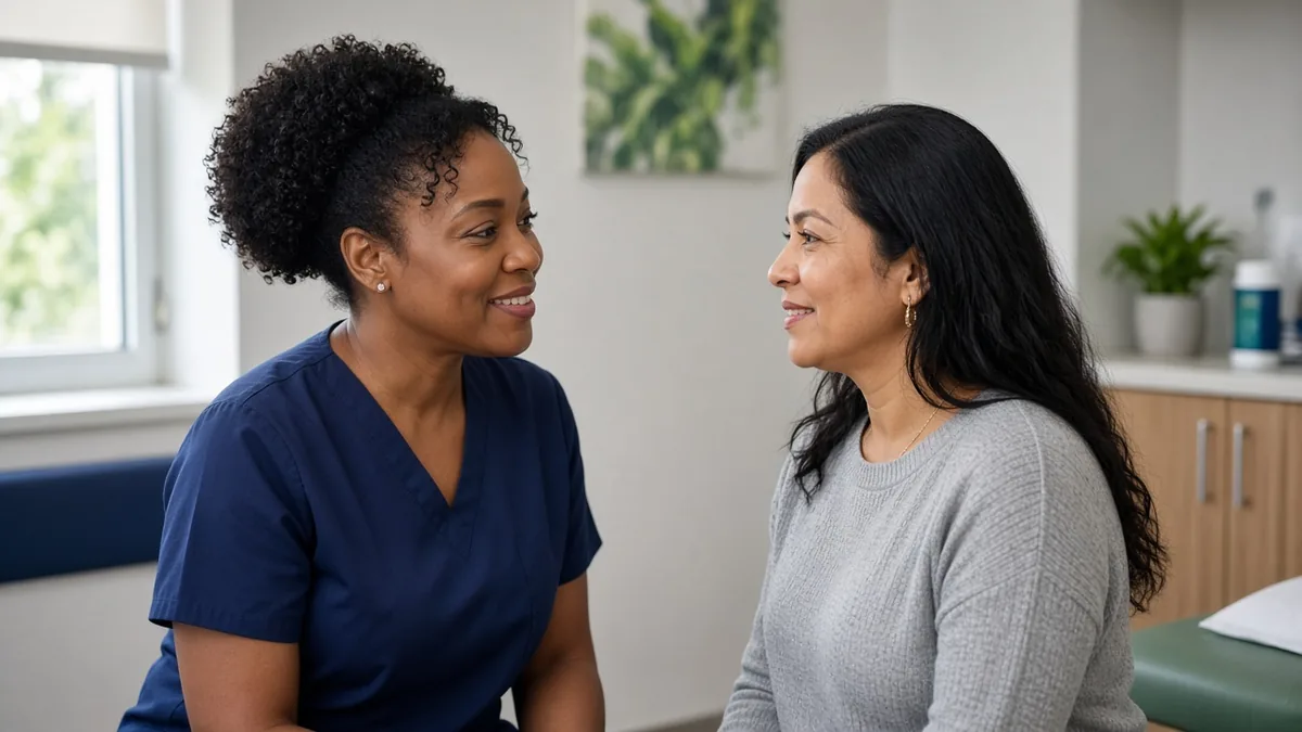 A clinician talks with a patient in an exam room