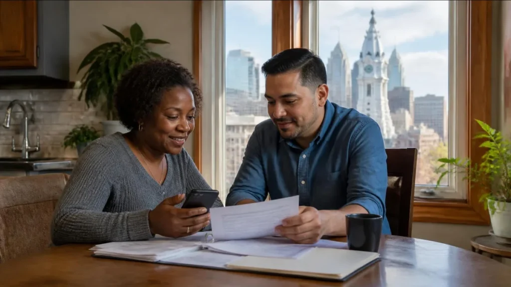 Two adults at a kitchen table look at a phone and papers together, with Philadelphia City Hall visible through the window.