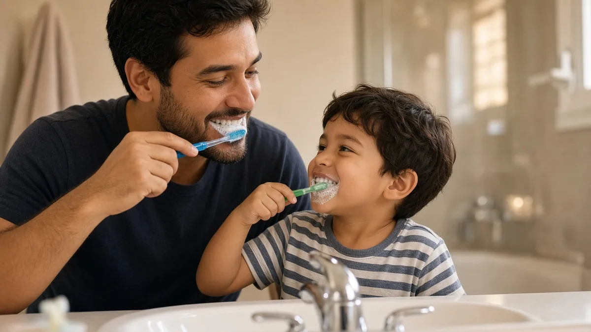 A father and his young son brush their teeth together at a bathroom sink