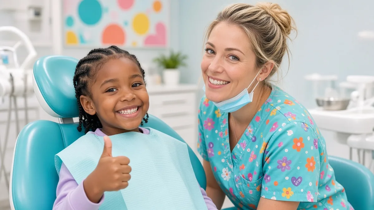 A smiling girl sits in a dental chair and gives a thumbs-up to her dentist