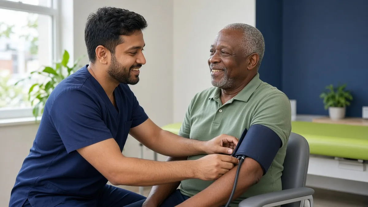 A clinician checks an older man’s blood pressure