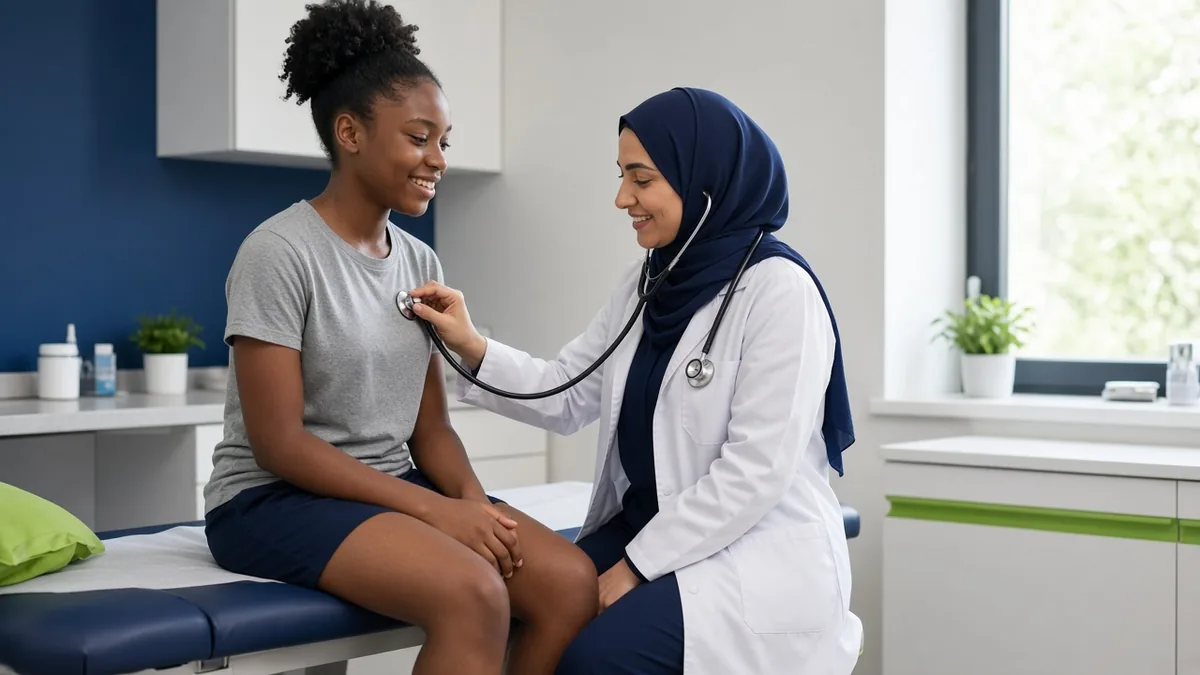A clinician listens to a teen athlete’s heart during a sports physical