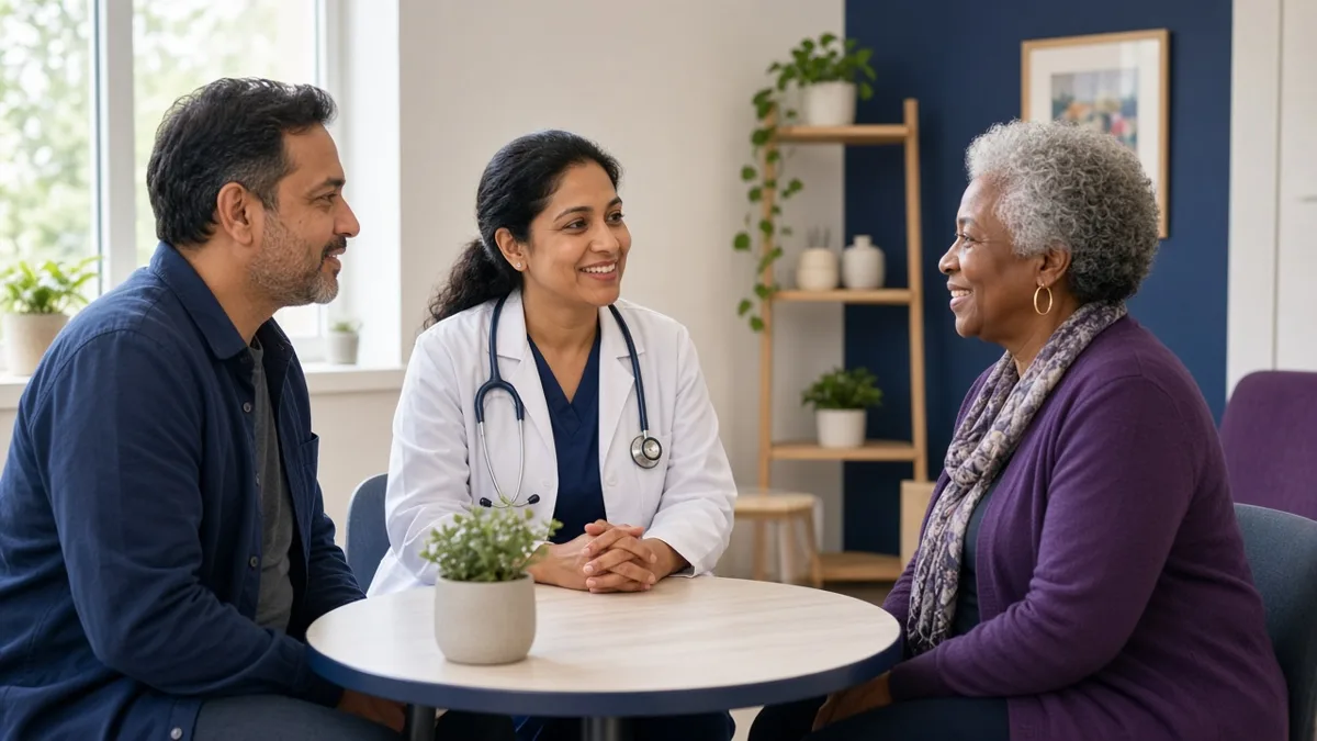 A doctor smiles while talking with a man and an older Black woman in a bright clinic.