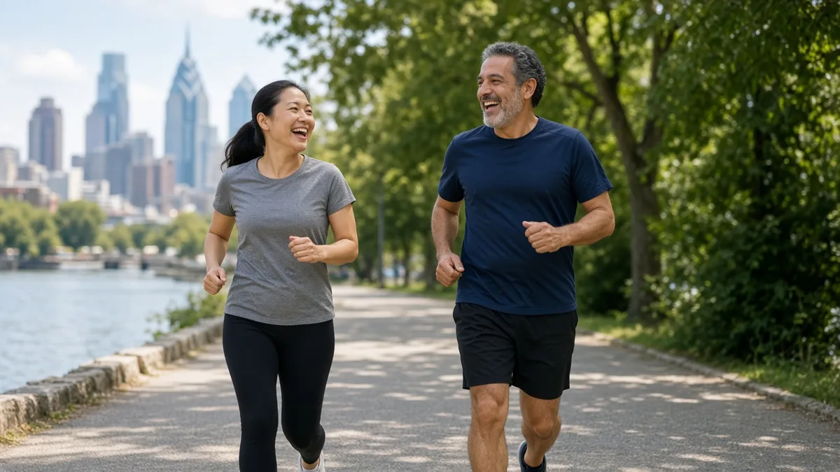 An Asian woman and a Middle Eastern man jog and laugh together on a riverside path.