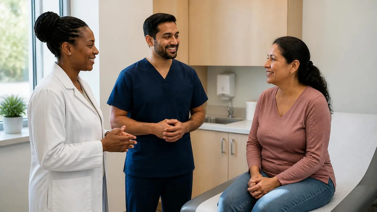 A smiling Black woman doctor and a South Asian male nurse talk with a Latina patient seated on an exam table in a bright exam room.