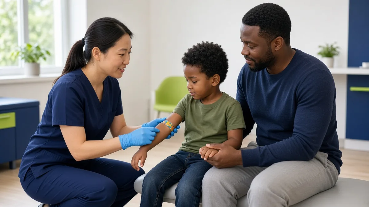 A nurse shows a young boy his bandage while his father holds his hand