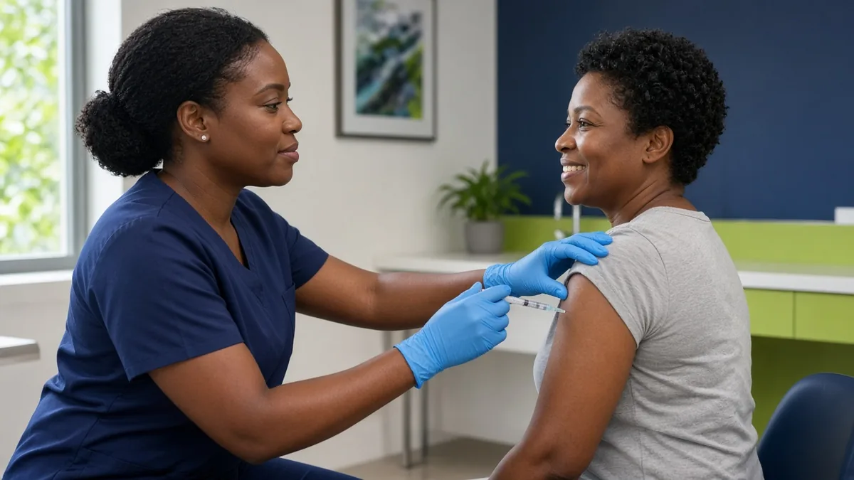 A nurse gives a woman a flu shot