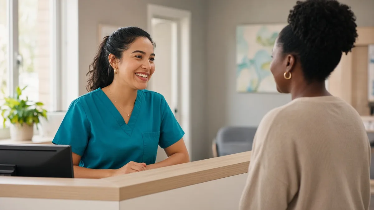 A smiling front desk worker welcomes a woman at a clinic check-in desk