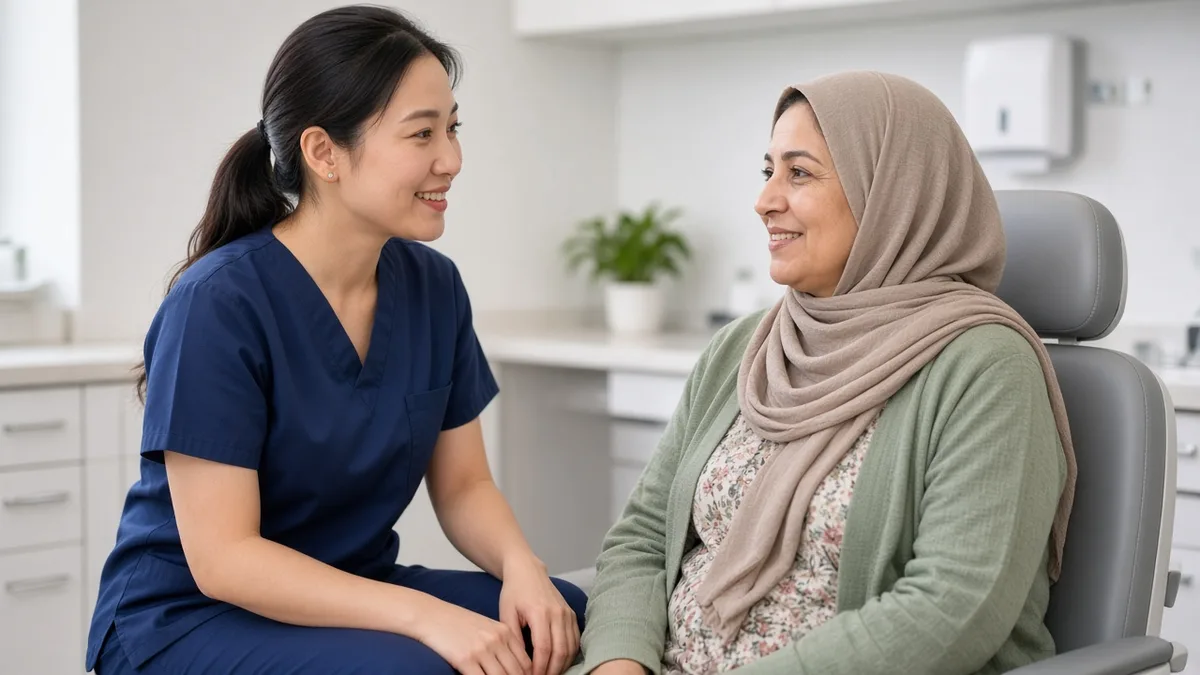 A nurse talks with a patient in a bright exam room